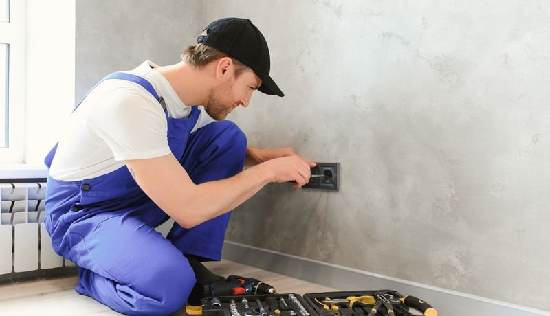 Electrician installing a wall outlet