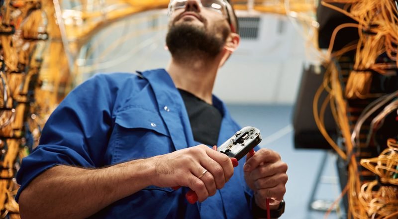 Technician working on network cabling